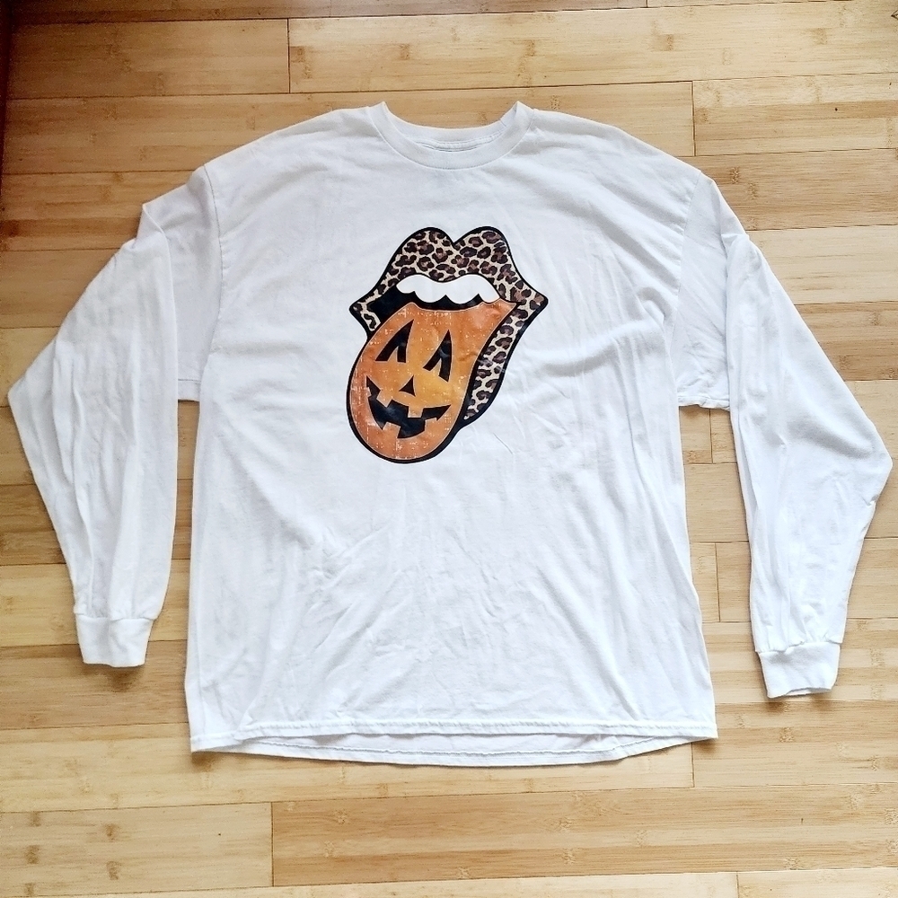 NWOT Rolling Stones Leopard Lips Pumpkin Tongue White Long Sleeve Tee Women’s 2X